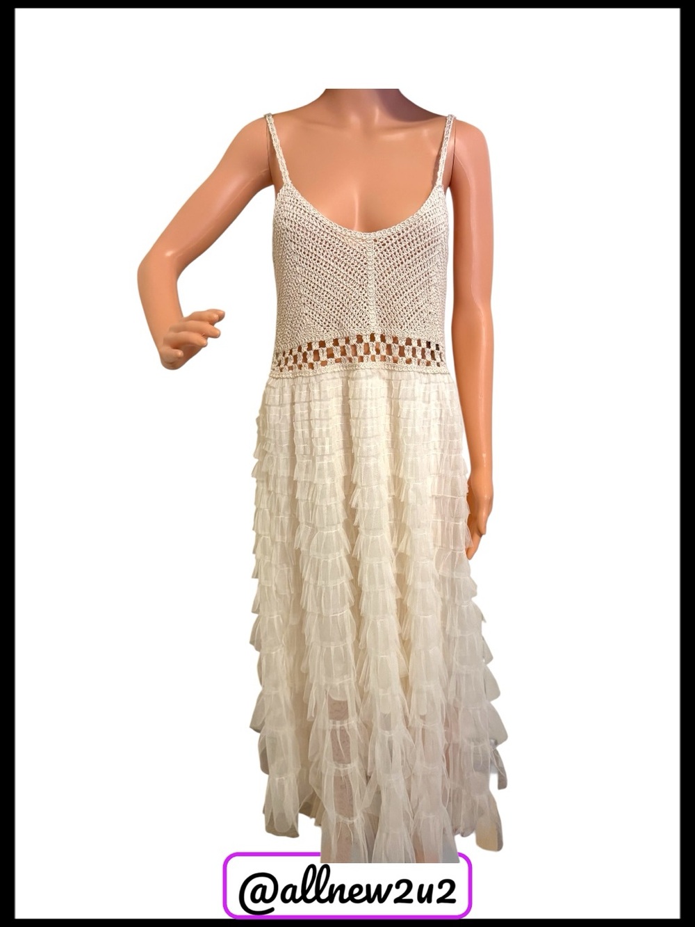 POL White Ecru Tulle Ruffled Midi Dress with Crochet Waist Top - Picture 10 of 15